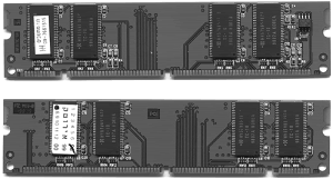 DIMM front/rear view with indecipherable markings indicating part number, capacity, or speed.