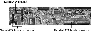 A motherboard with Serial and Parallel ATA host adapters