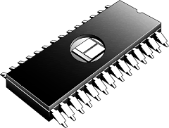 An EPROM showing the quartz window for ultraviolet erasing