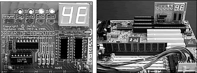 A typical POST card with two-digit hexadecimal code display (left) and a POST card in operation (right)