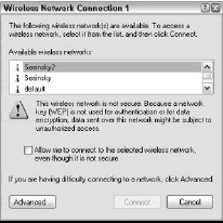 Selecting the available wireless networks using Windows XP’s built-in wireless connection client.