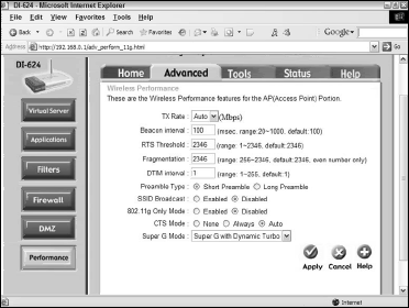 The Wireless Performance screen on the D-Link router/AP.