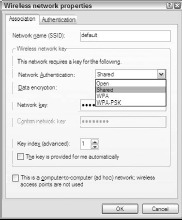 The Association tab on the Wireless Network Properties dialog box.