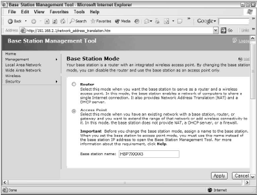 Setting the router to access point–only mode.