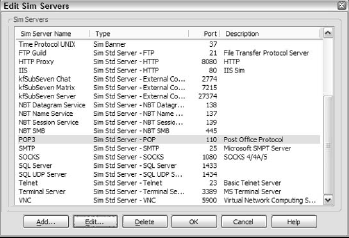 The list of Sim Servers in KF Sensor.