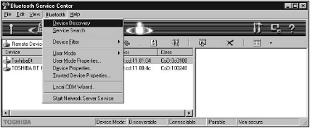 Toshiba Bluetooth Service Center utility.