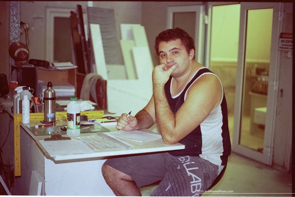 ...6:45am, checkin' the days plans This is my Mate Jason, he runs the bridge saw for us. Here he is at about 6:45am checking his cut diagrams/plans for the day. Taken on my Minolta A7 with Minolta 50mm f1.4 on Kodak hd400 shot @ 200, developed at home in Paterson hand tank with Unicolor c41 kit, scanned with Epson 4990 ...6:45am, checkin' the days plans This is my Mate Jason, he runs the bridge saw for us. Here he is at about 6:45am checking his cut diagrams/plans for the day. Taken on my Minolta A7 with Minolta 50mm f1.4 on Kodak hd400 shot @ 200, developed at home in Paterson hand tank with Unicolor c41 kit, scanned with Epson 4990